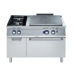 Plita solida Electrolux Professional cu alimentare pe gaz cu modul integral (7 kW), cu 2 arzatoare (5,5 kW fiecare), pe cuptor alimentare pe gaz si dulap deschis (6 kW)