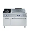 Plita solida Electrolux Professional cu alimentare pe gaz cu modul integral (7 kW), cu 2 arzatoare (5,5 kW fiecare), pe cuptor alimentare pe gaz si dulap deschis (6 kW)