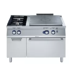 Plita solida Electrolux Professional cu alimentare pe gaz cu modul integral (7 kW), cu 2 arzatoare (5,5 kW fiecare), pe cuptor alimentare pe gaz si dulap deschis (6 kW)
